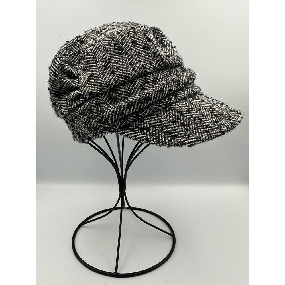 Prana Newsboy Hat Women One Size Black White Herringbone Wool Blend Cadet Cap - Picture 2 of 10
